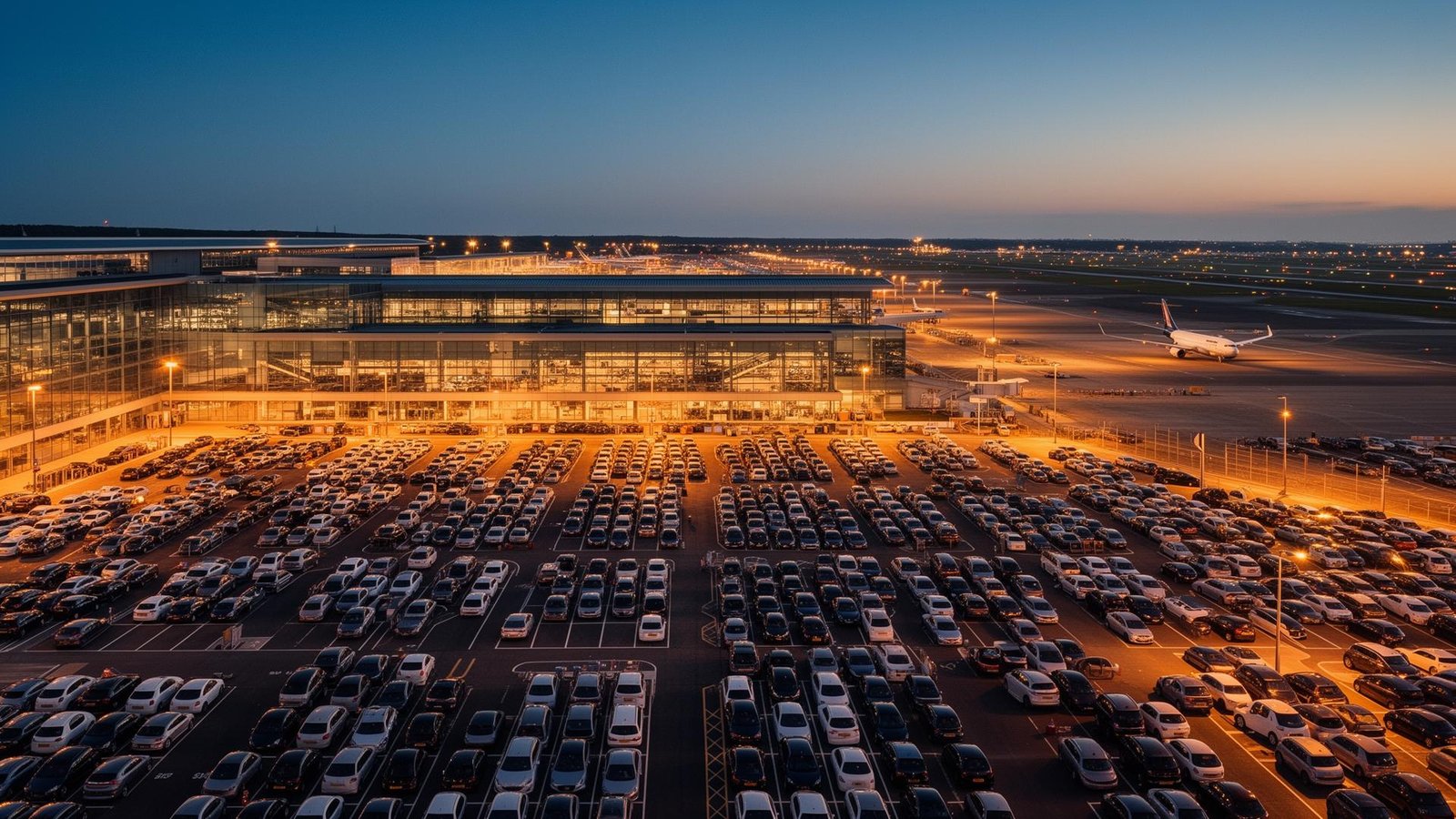 UK airport at dusk with car park