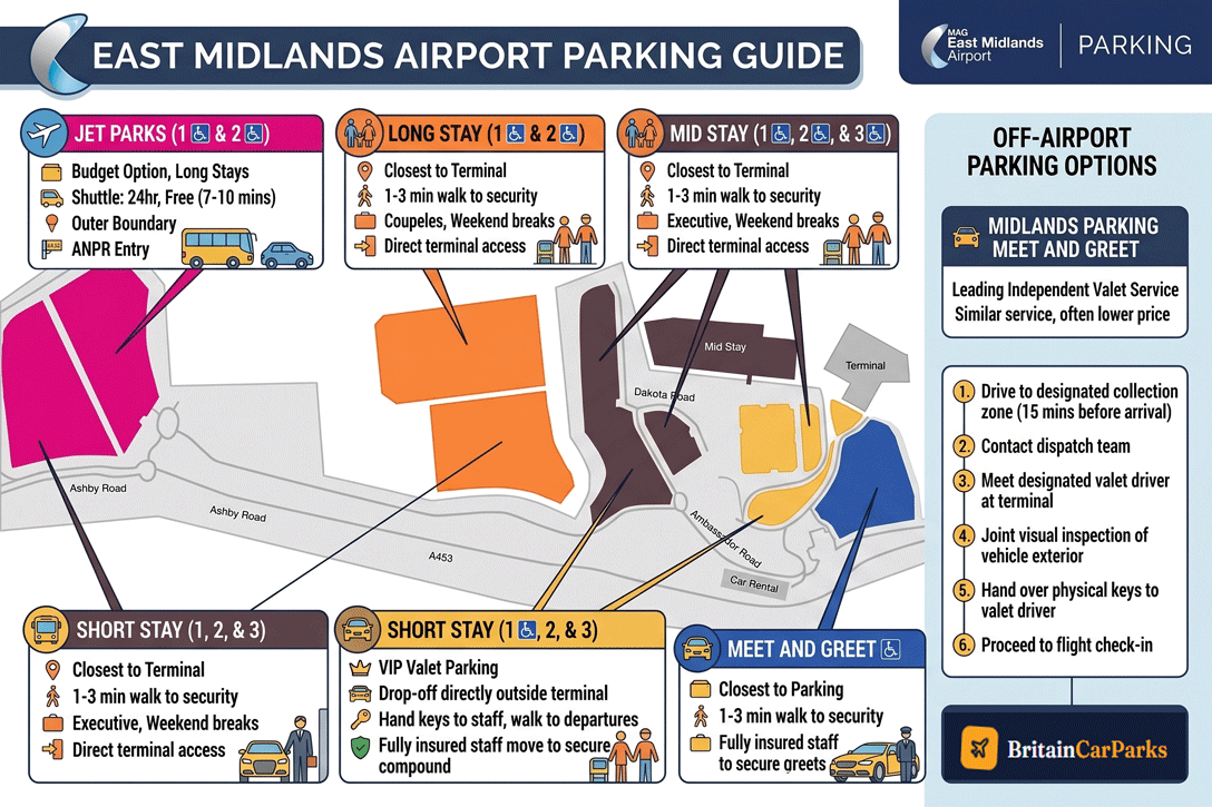 east midlands airport parking guide and map